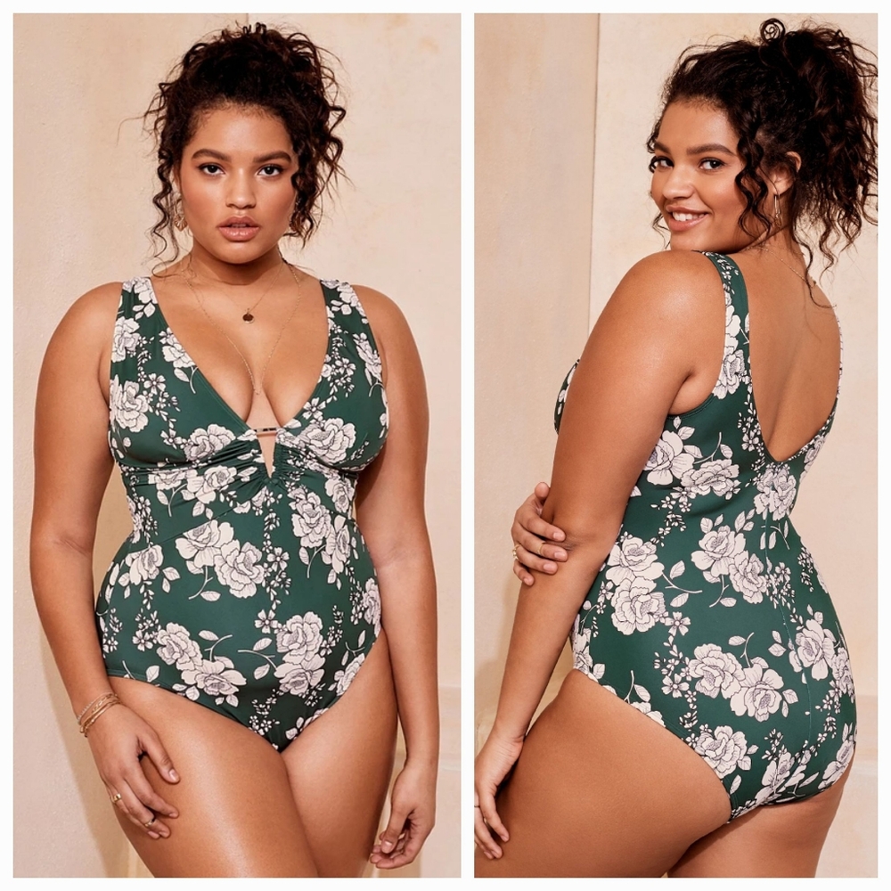 Adore Me Andria Contour Plus Green Floral Print One Piece Swimsuit size 1X